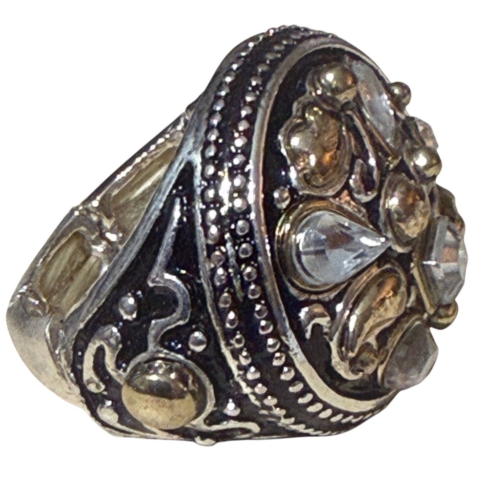 Statement Ring Multi Gemstone Gold and Silver Tone Mixed Metal Adjustable Band - Picture 9 of 12